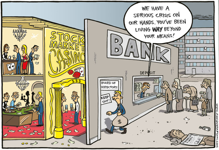 Political cartoon on the financial crisis. By Max Gustafson.