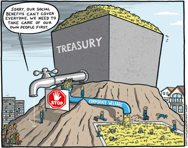 The rich need money. Cartoon by Max Gustafson.