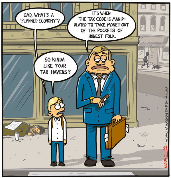 Cartoon on Tax havens. By Max Gustafson.